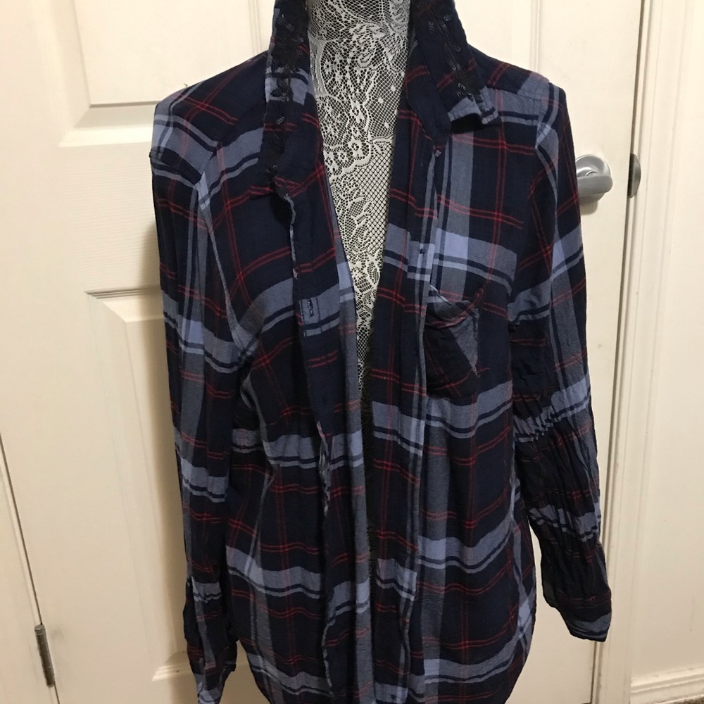 Blue and red plaid button down shirt
